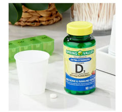 90-count bottle of Spring Valley Vitamin D3 fast dissolve tablets on a white background