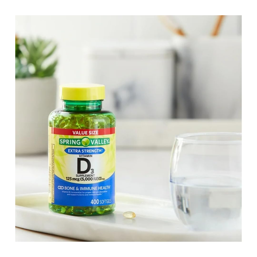 Close-up of Vitamin D3 softgels label showing 125 mcg (5,000 IU)