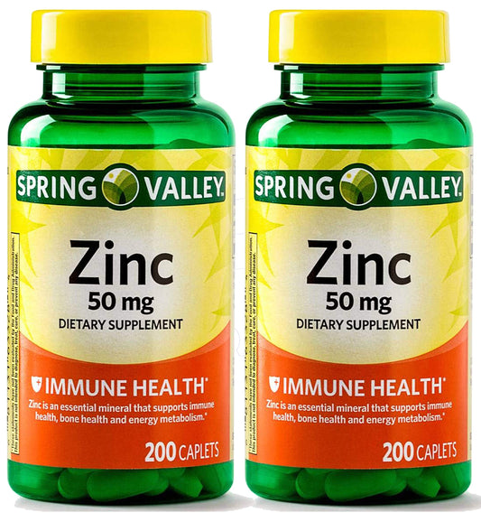 Front view of Spring Valley Zinc 50 mg bottle, 200 count, 2-pack