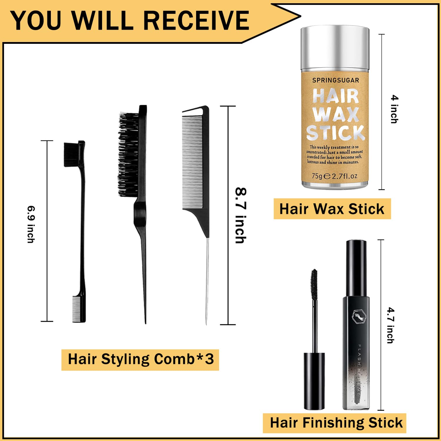 SPRINGSUGAR finishing stick smooths hair for a natural finish.