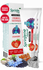 Front label of SprinJene Fluoride-Free Strawberry Toothpaste for Kids 2-pack