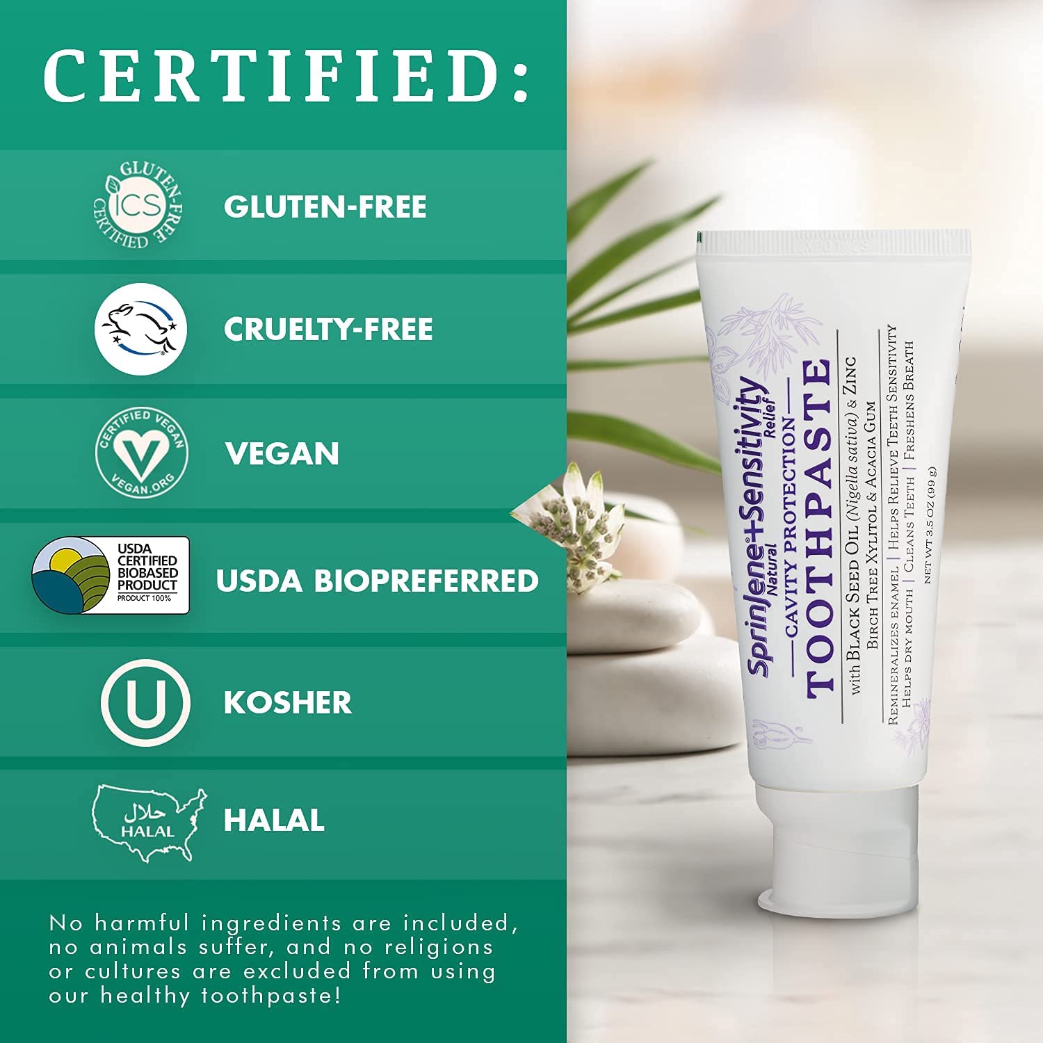 Made in USA label on SprinJene toothpaste packaging