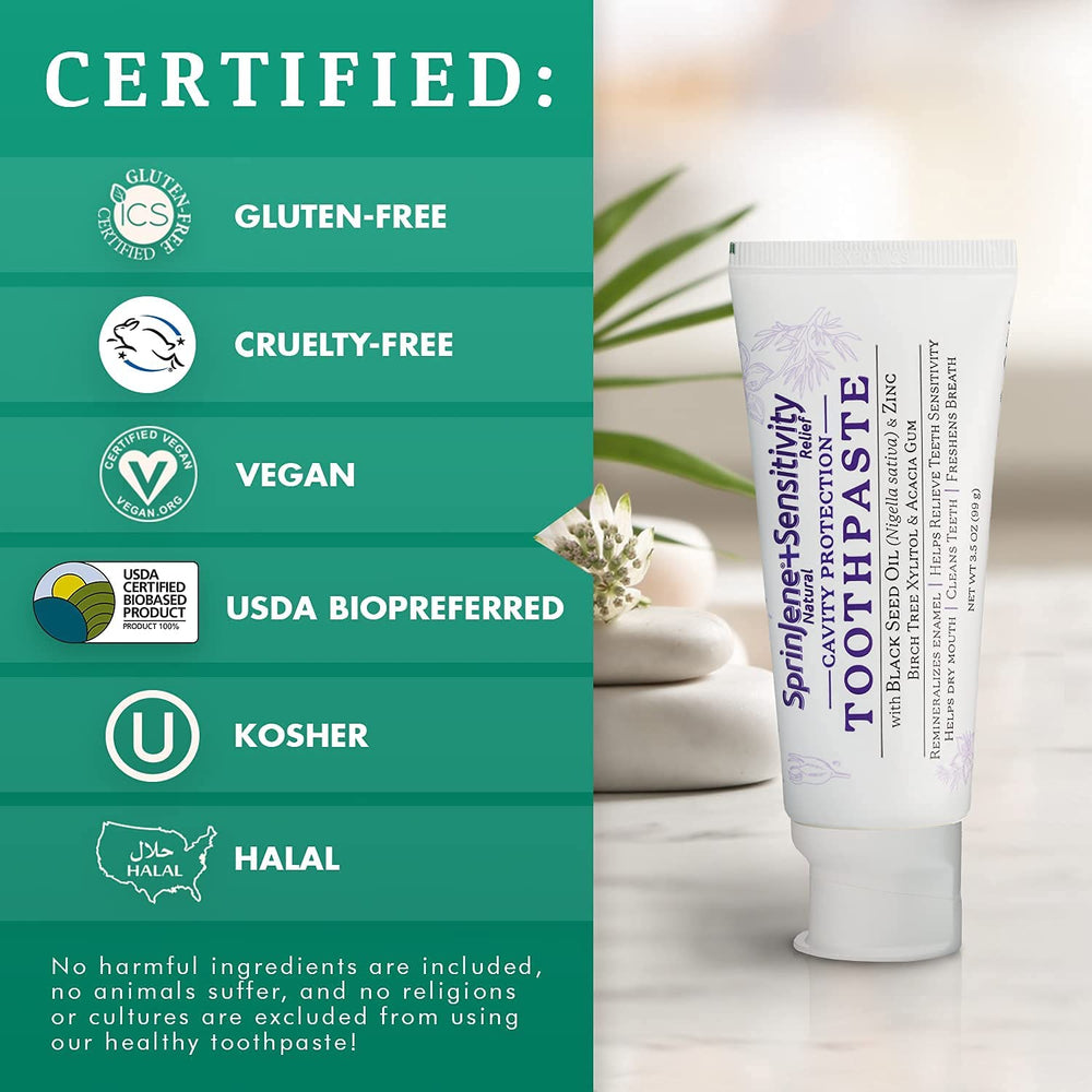 Made in USA label on SprinJene toothpaste packaging