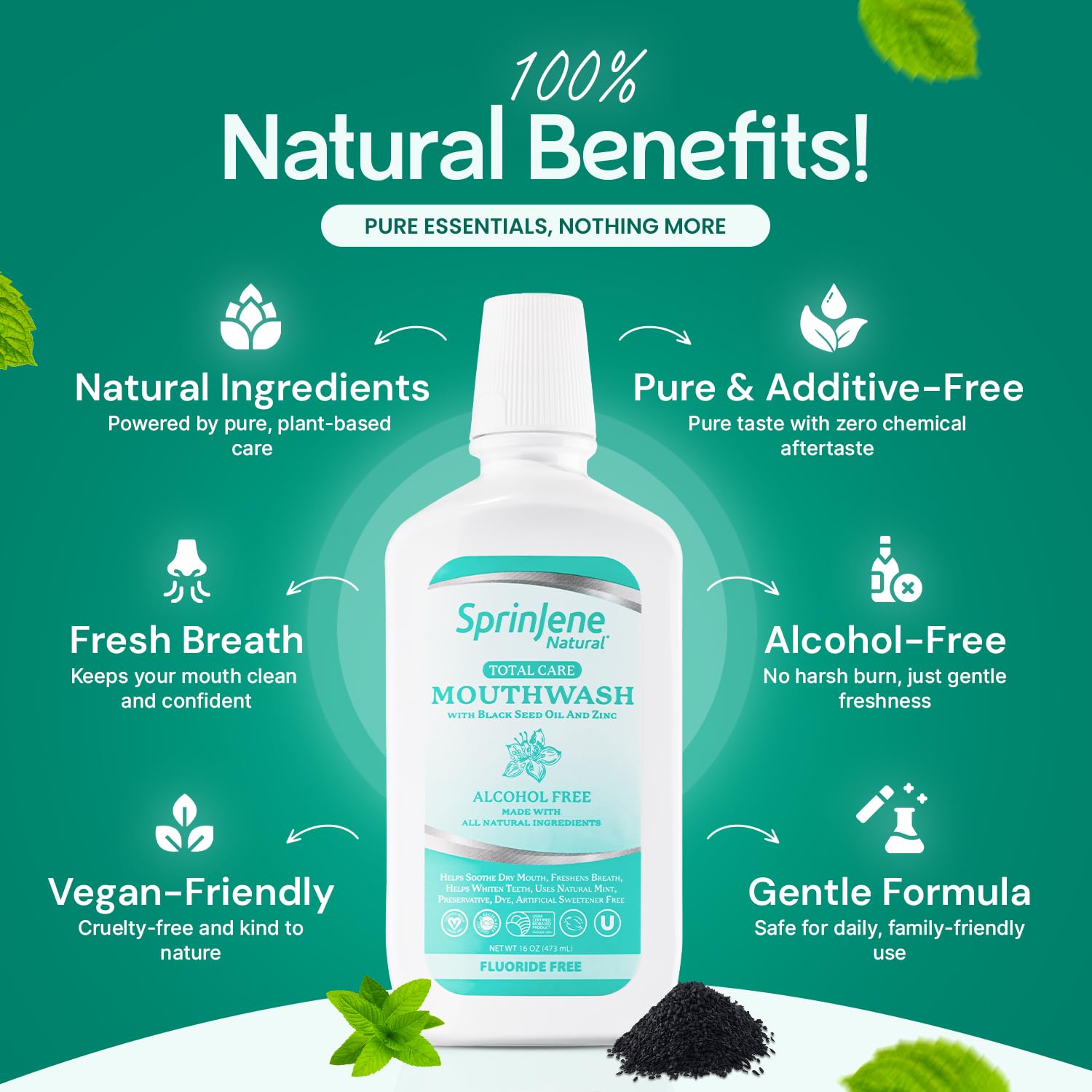 SprinJene mouthwash bottle with Xylitol label