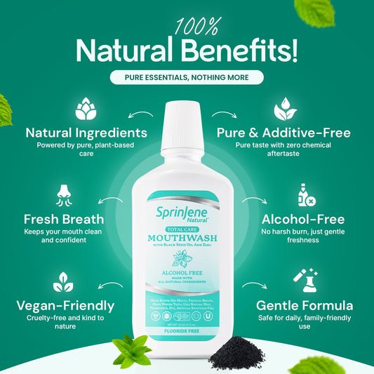 SprinJene mouthwash bottle with Xylitol label