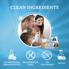 Child brushing teeth with vanilla-flavored fluoride-free toothpaste for toddlers