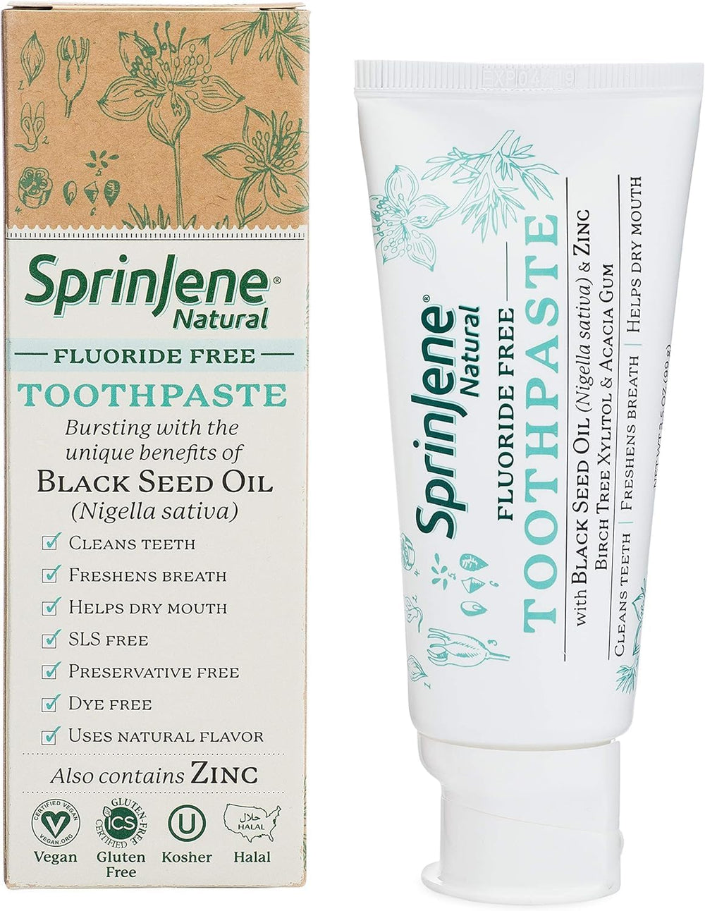 Front and label of SprinJene Natural Toothpaste 2-pack
