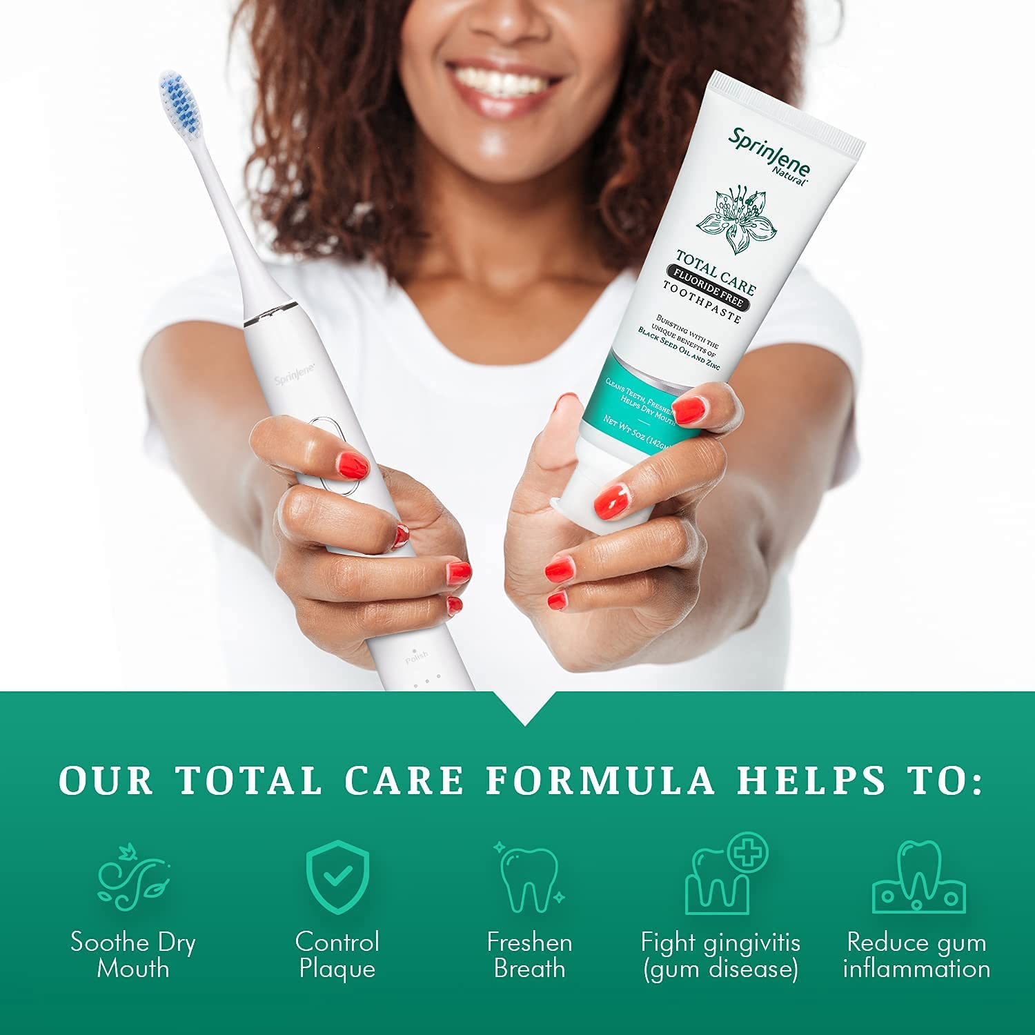 4-pack packaging shot of SprinJene toothpaste