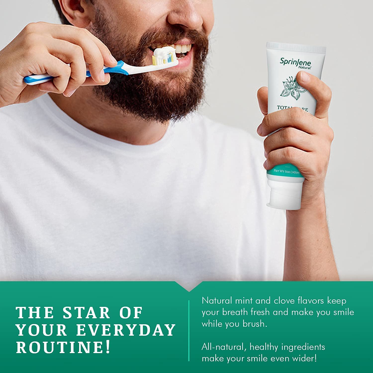 USA-made badge on SprinJene toothpaste packaging