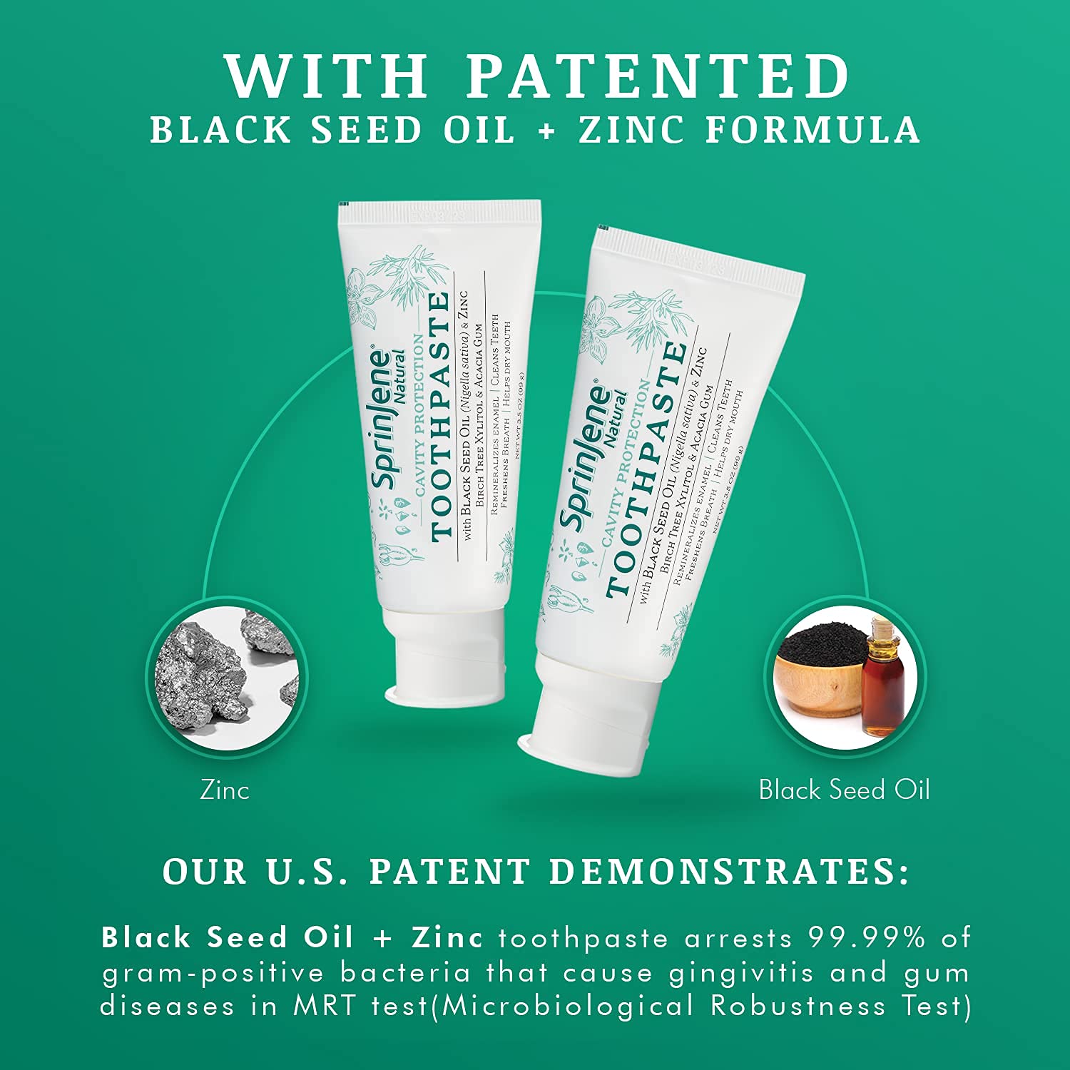 USA-made badge on SprinJene toothpaste packaging
