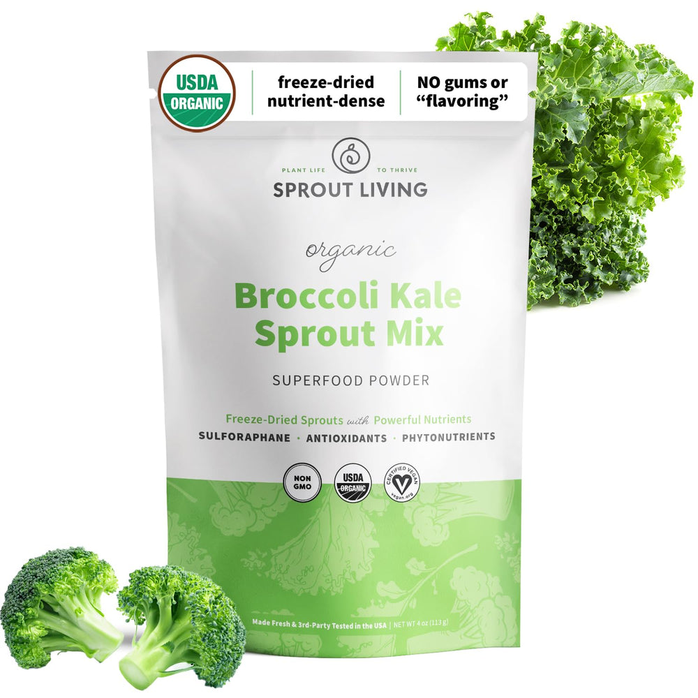 Front packaging of Sprout Living Broccoli & Kale Organic Sprout Mix