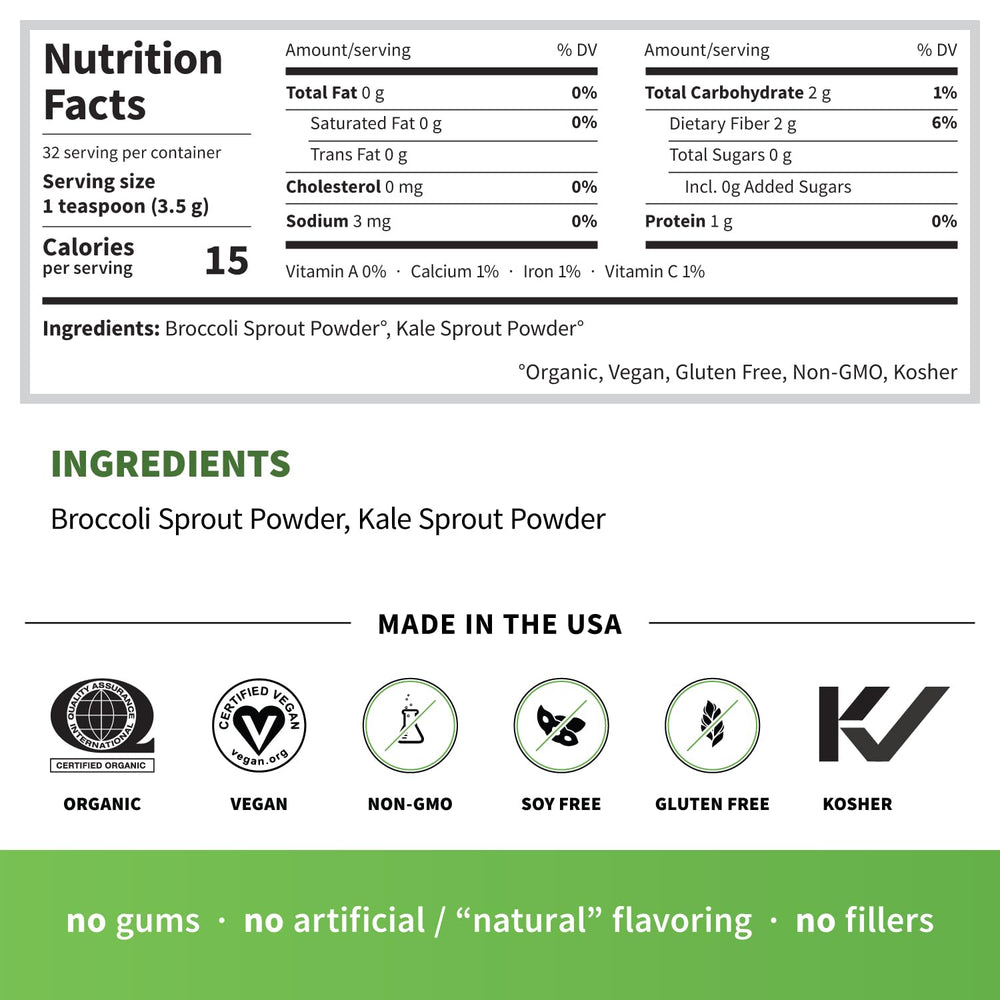 Label showing organic, non-GMO, vegan, gluten-free status