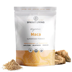Pouch of Sprout Living Organic Gelatinized Maca Powder with scoop on kitchen counter