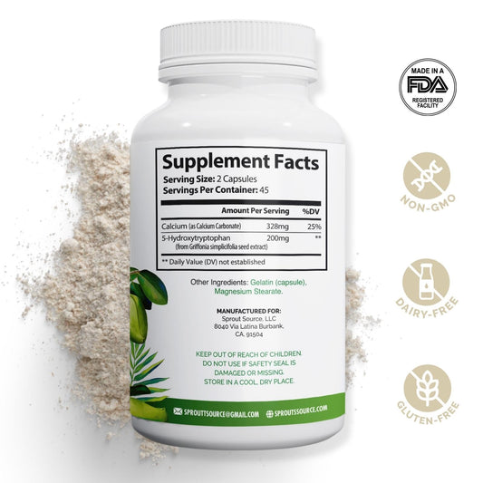 Close-up of Sprout Source 5-HTP capsules with Calcium