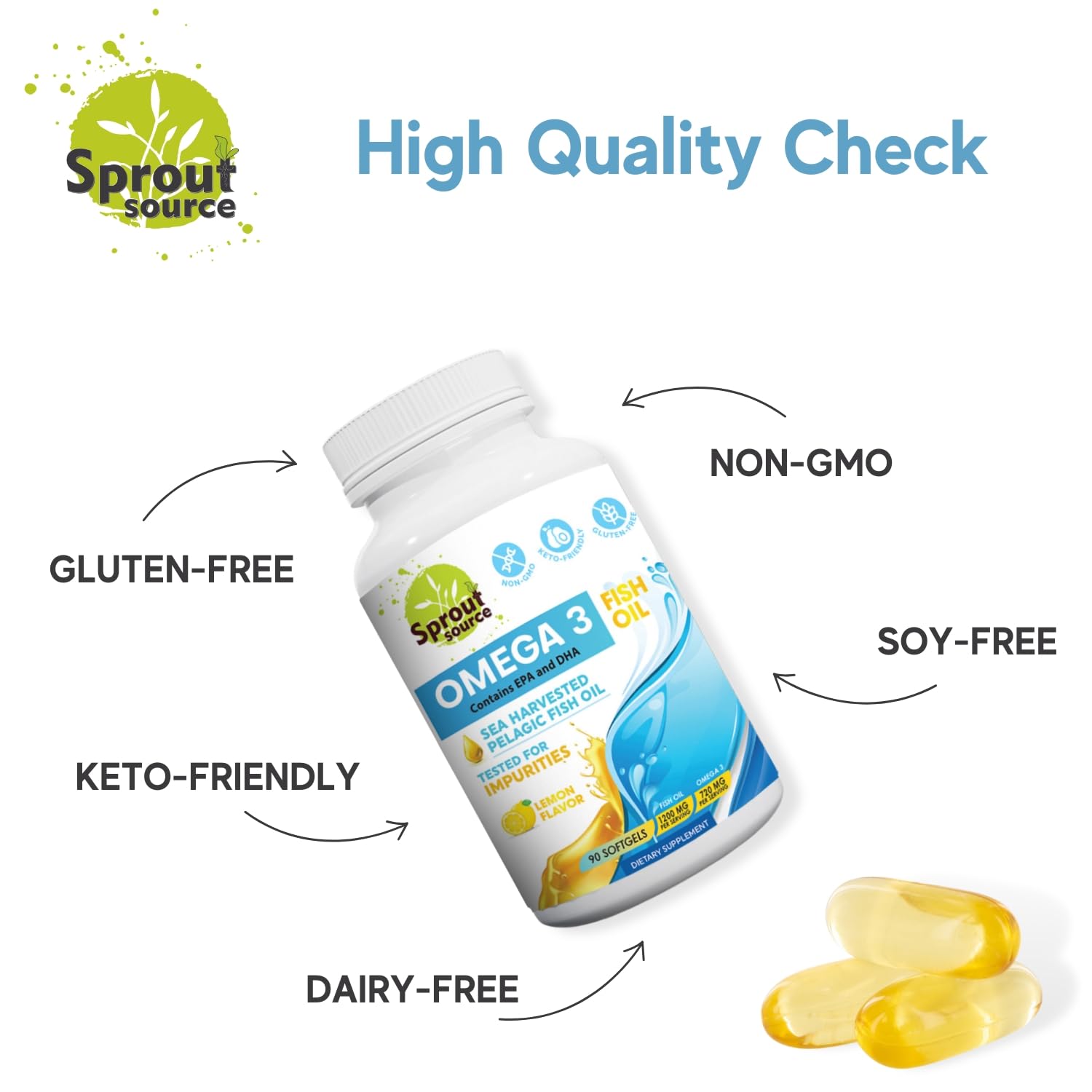 Bottle of 90 lemon-flavored omega-3 softgels
