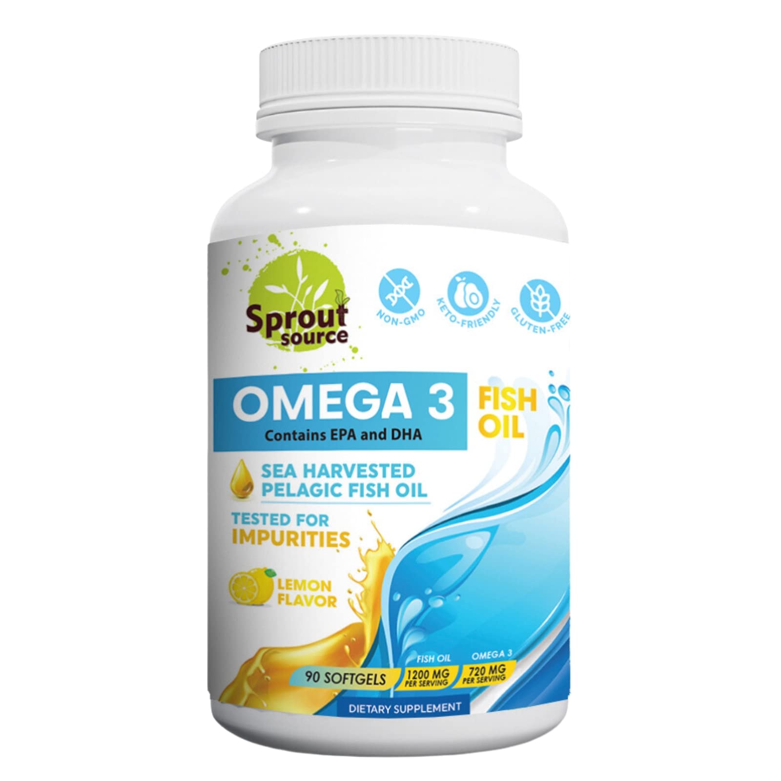 Sprout Source anchovy omega-3 fish oil bottle with lemon flavor, 1200mg per capsule