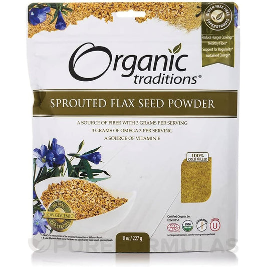 Front view of Organic Traditions Sprouted Golden Flax 8 oz bag