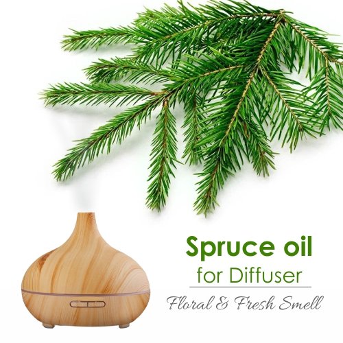 Aromatherapy diffuser setup with Spruce Oil bottle