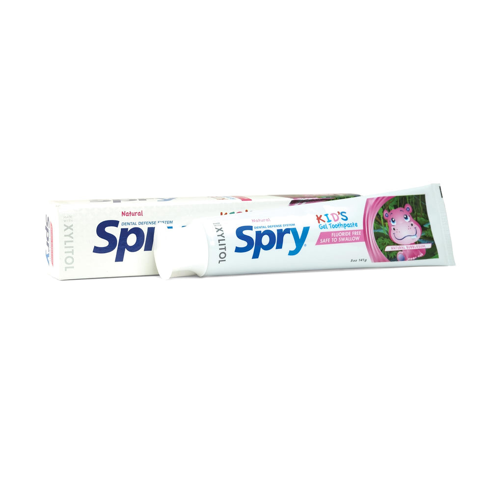 Flip-top cap and squeezable tube of Spry Kids toothpaste