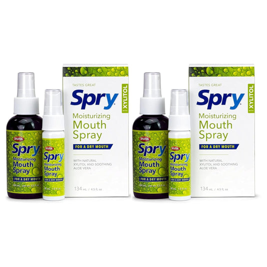 Spry Natural Xylitol Dry Mouth Spray, pack of 2, 4.5 oz bottles.