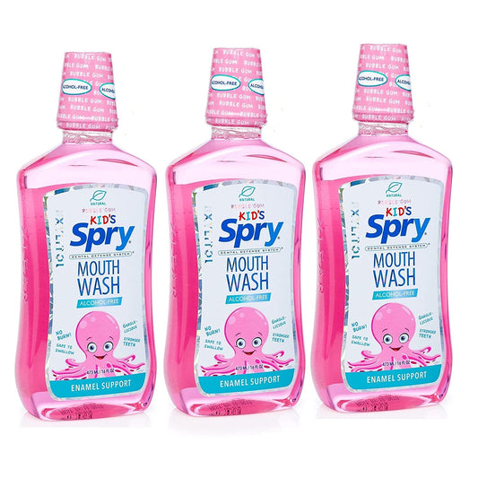 Spry Natural Xylitol Mouthwash Bubble Gum flavor - fluoride free, enamel support, alcohol-free, 16 oz per bottle, pack of 3