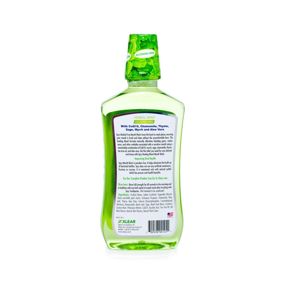Close-up of Spry mouthwash cap with clear liquid