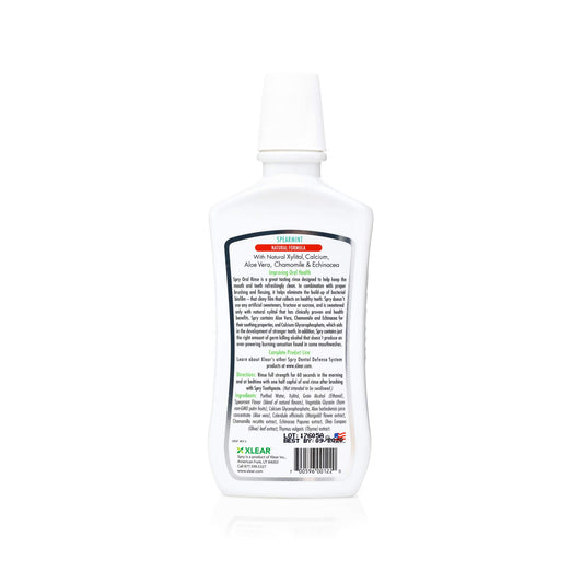 Close-up of Spry mouthwash bottle highlighting enamel support and non-GMO formula