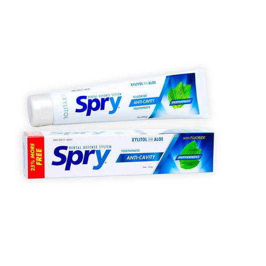 Packaging image of Spry toothpaste 5oz Pack of 2 showing xylitol and fluoride formula