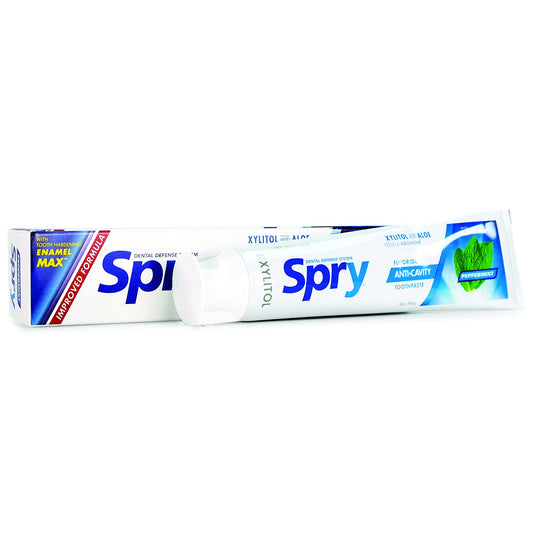 Spry Natural Xylitol Toothpaste 5oz tube with peppermint packaging