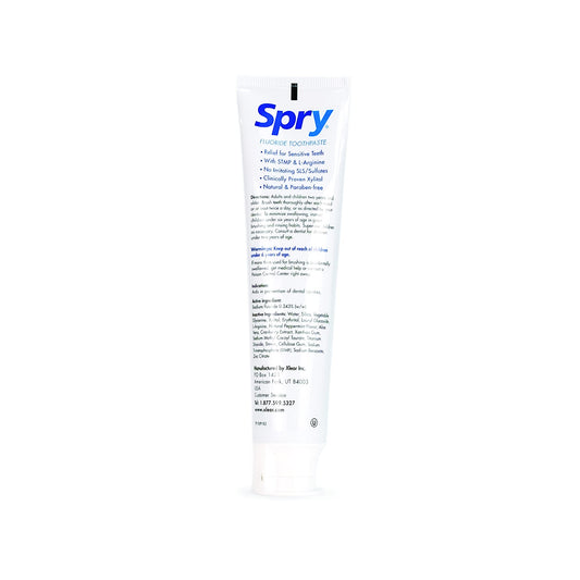 Close-up of Spry toothpaste label showing peppermint flavor