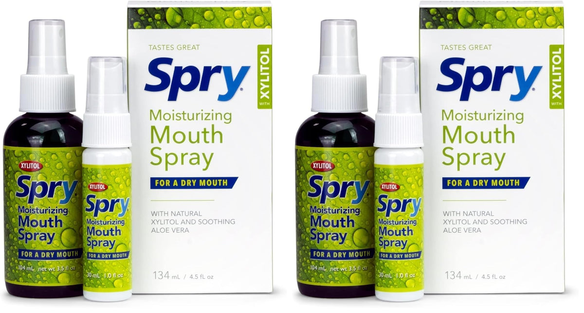 Spry Natural Xylitol Dry Mouth Spray bottle, pack of 2, front view