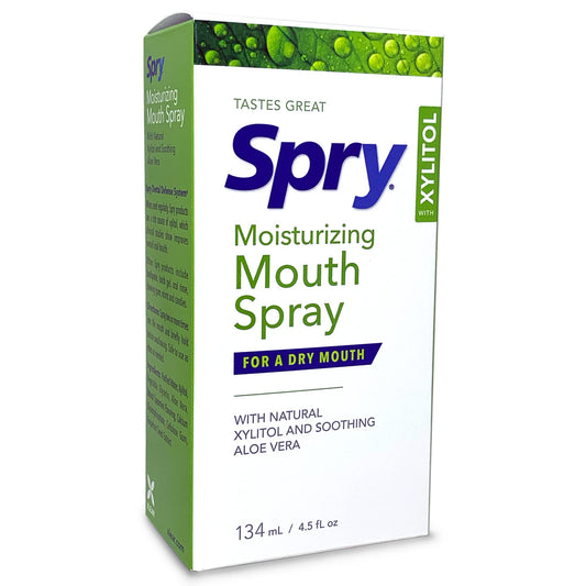 Close-up of Spry Xylitol Dry Mouth Spray mist