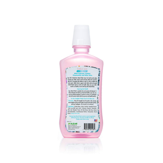 Close-up of Spry Xylitol Mouthwash bottle with Bubble Gum flavor