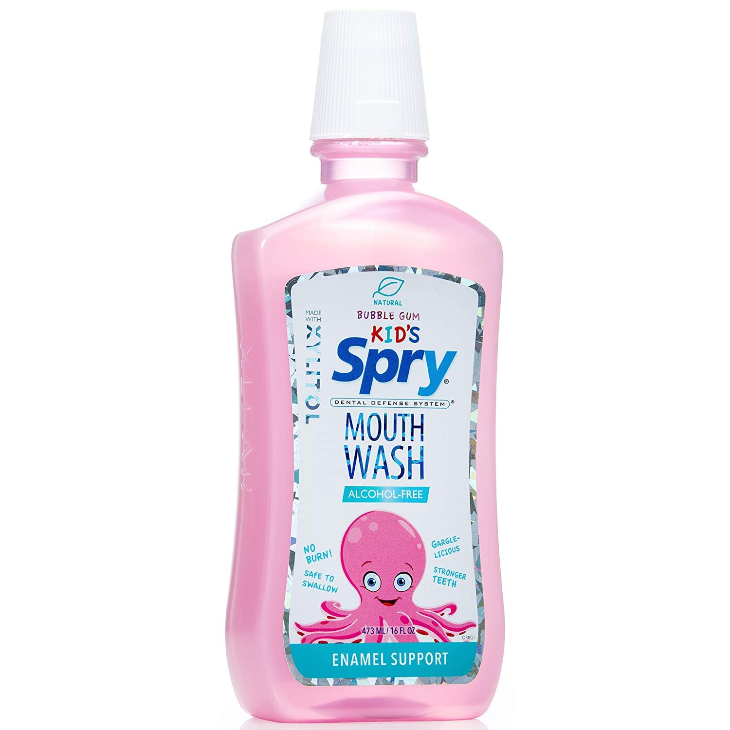 Close-up of Spry Mouthwash label highlighting xylitol and fluoride-free features