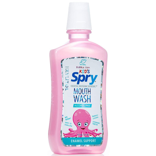 Close-up of Spry Mouthwash label highlighting xylitol and fluoride-free features