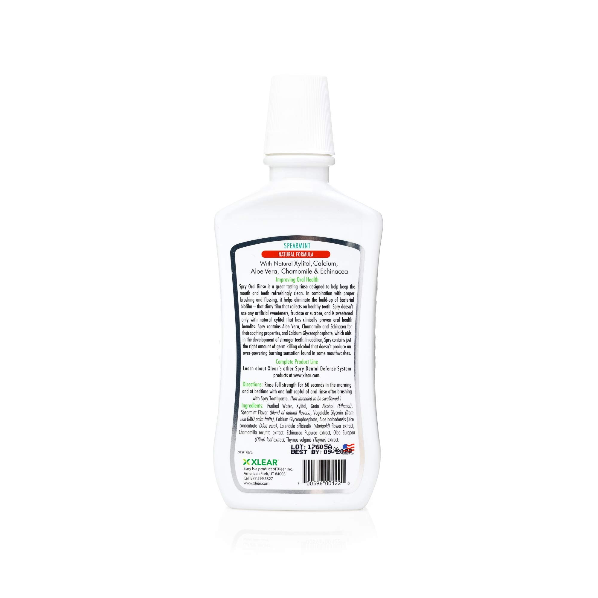 Close-up of Spry mouthwash label highlighting xylitol, non-GMO and fluoride-free features