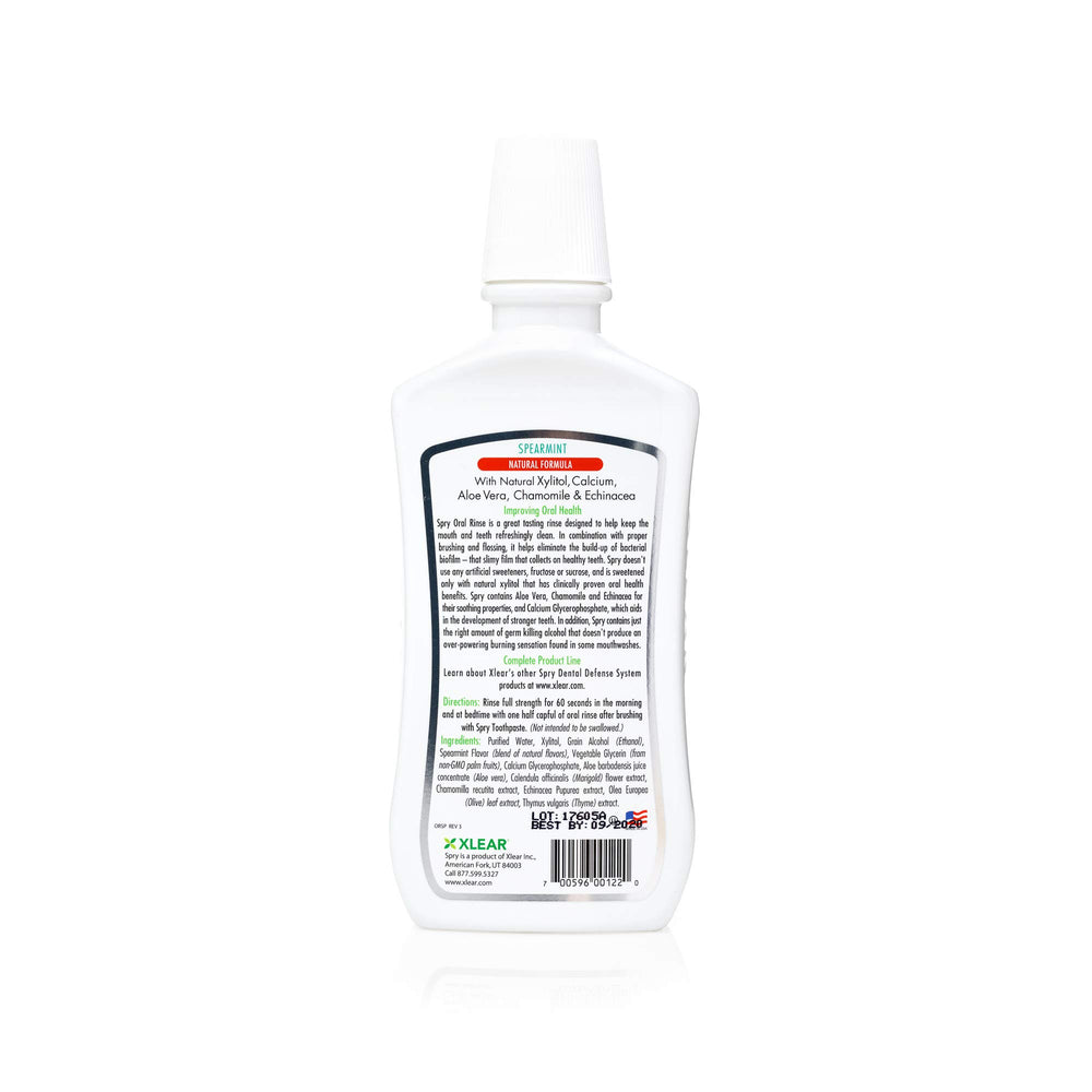 Close-up of Spry mouthwash label highlighting xylitol, non-GMO and fluoride-free features