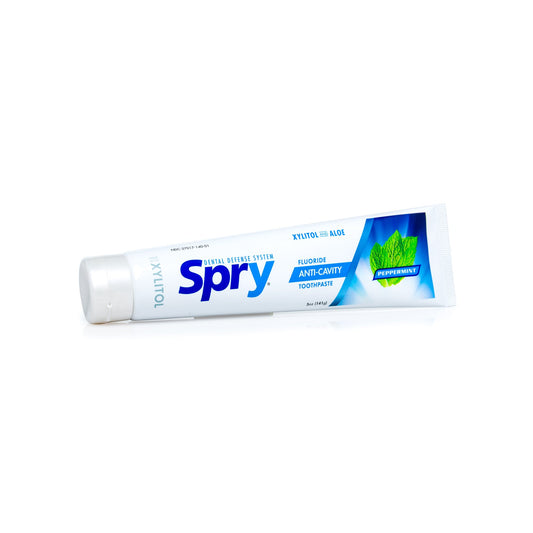 Back view of Spry Natural Xylitol Toothpaste 5oz packaging