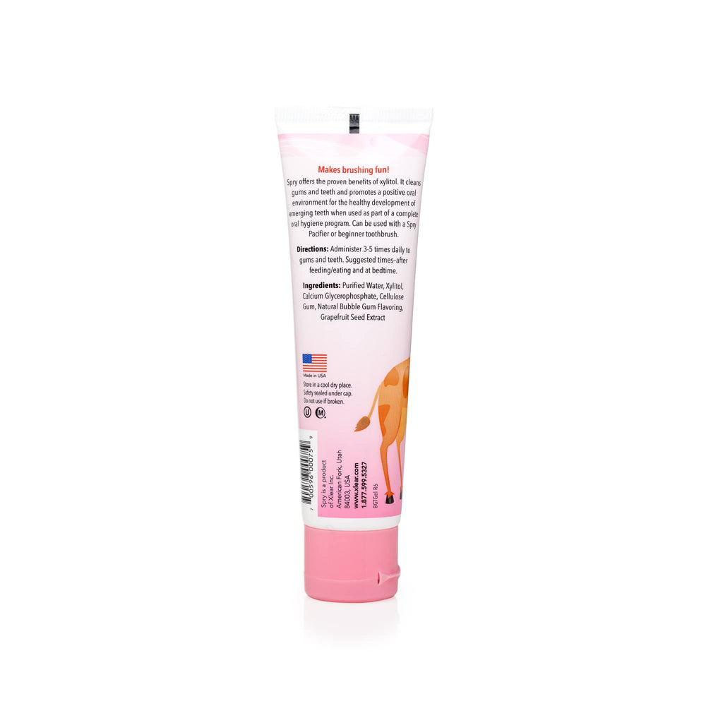Front packaging of Spry fluoride-free xylitol toothpaste for children, 2 oz