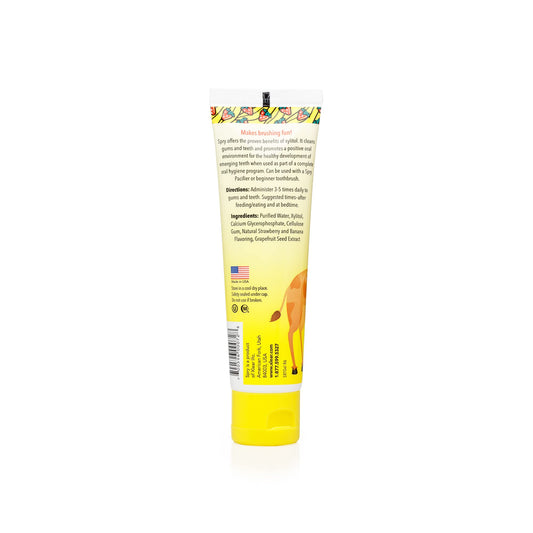 Tube of Spry Xylitol Toothpaste with flip-top cap, Strawberry Banana flavor, 2 oz