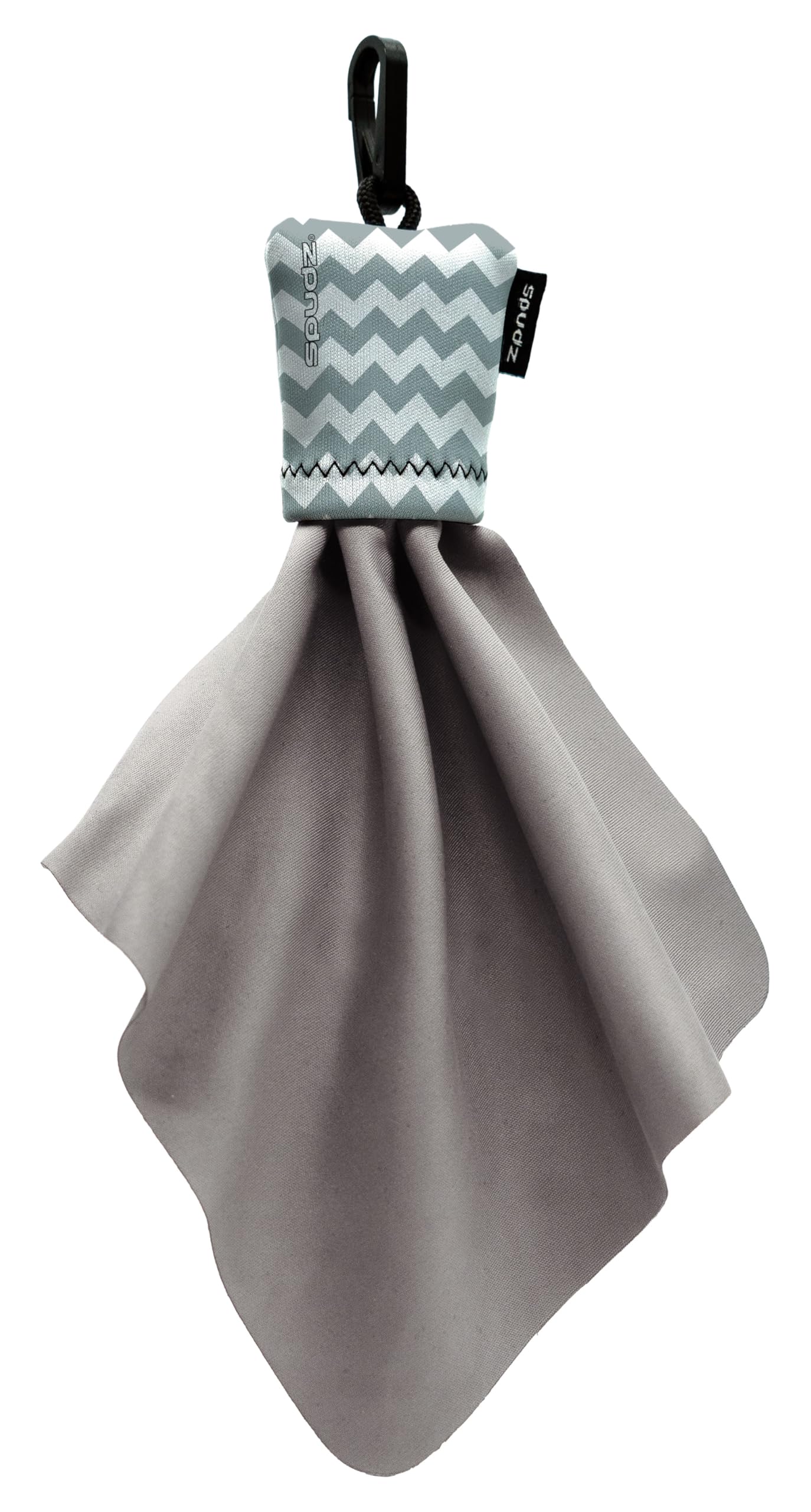 Spudz 6x6 gray chevron microfiber cloth attached to a closable neoprene pouch