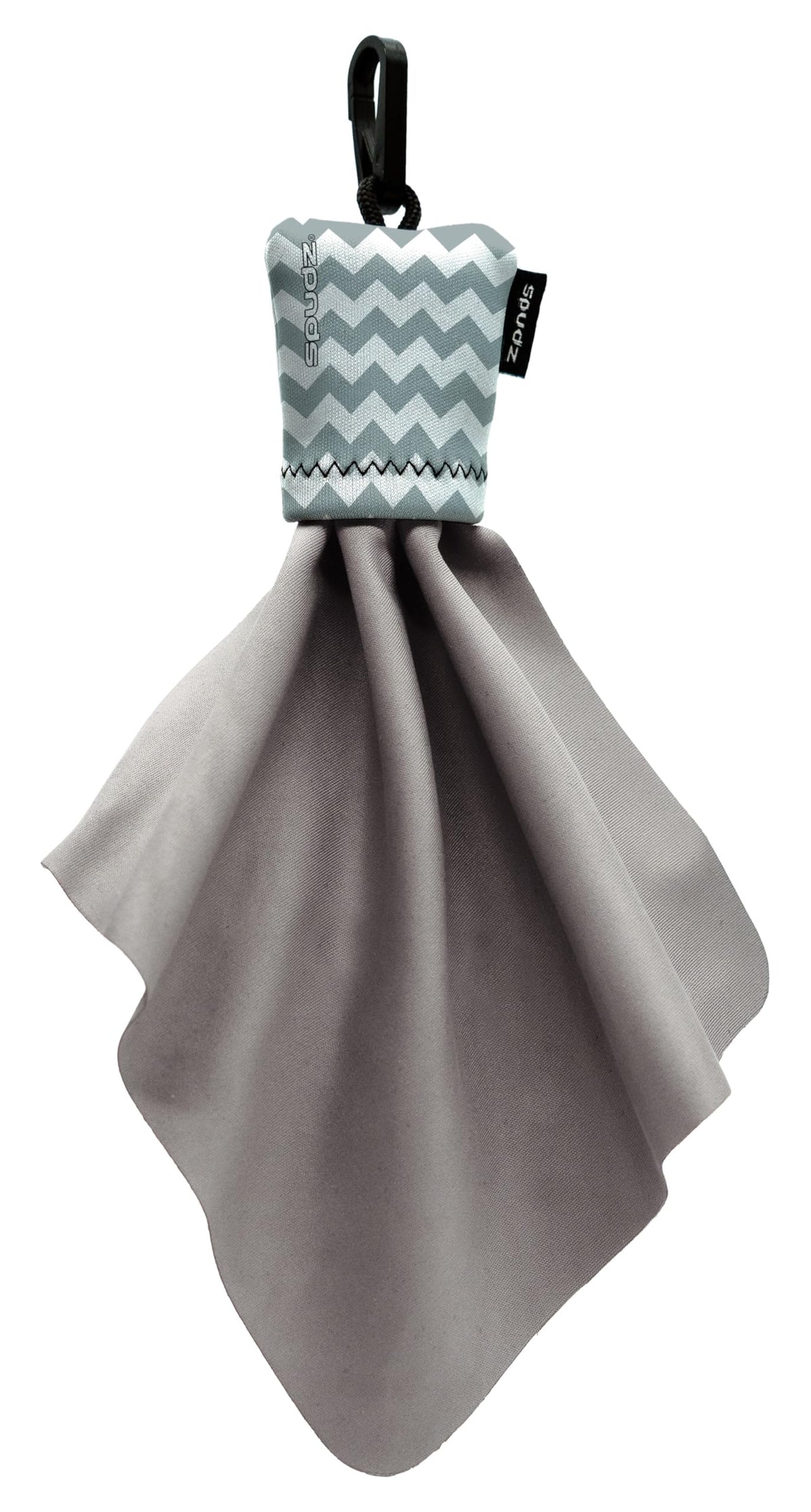 Spudz 6x6 gray chevron microfiber cloth attached to a closable neoprene pouch