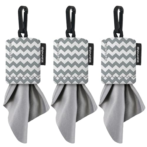 SPUDZ Classic microfiber lens cleaner with clip-on pouch in gray chevron, 6x6 inches, 3-pack - front view
