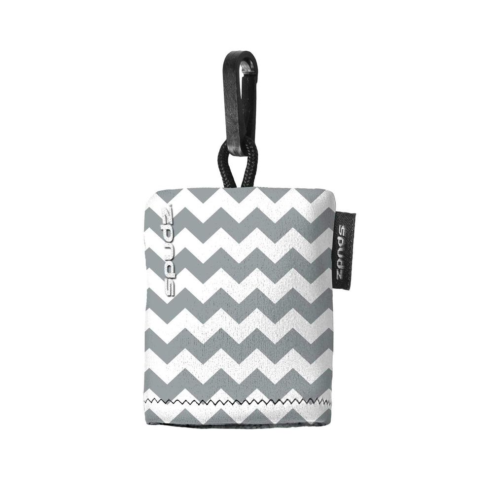 Close-up of clipped neoprene pouch and attached microfiber cloth