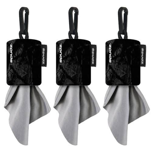 Spudz Classic microfiber lens cleaner attached to its clip-on neoprene pouch