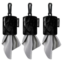 Spudz Classic microfiber lens cleaner attached to its clip-on neoprene pouch