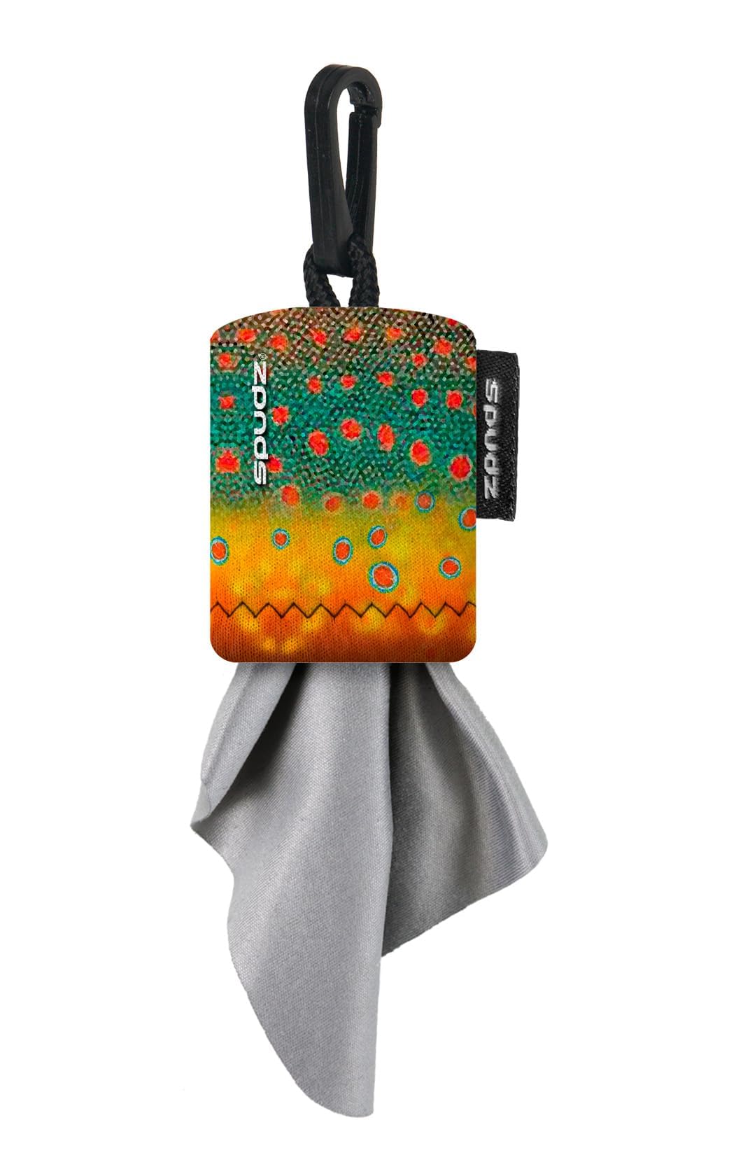 Clip-on neoprene pouch containing SPUDZ microfiber cloth (6x6 inch) for binoculars