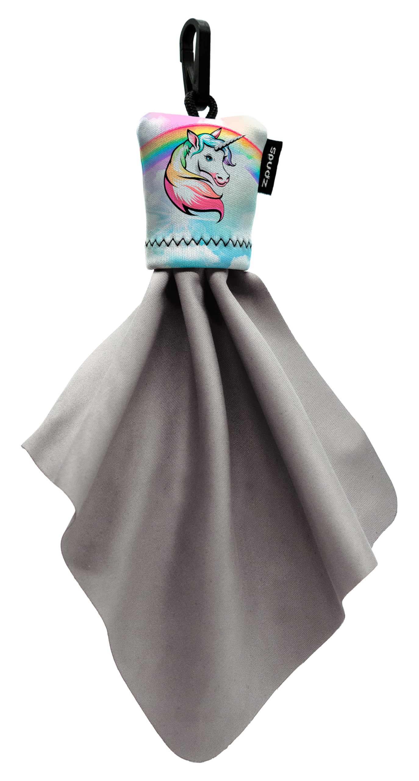 SPUDZ classic microfiber lens cleaner in pastel unicorn clip-on pouch showing 6x6 inch cloth