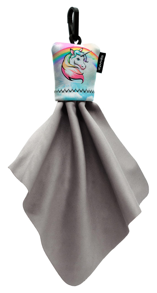 SPUDZ classic microfiber lens cleaner in pastel unicorn clip-on pouch showing 6x6 inch cloth