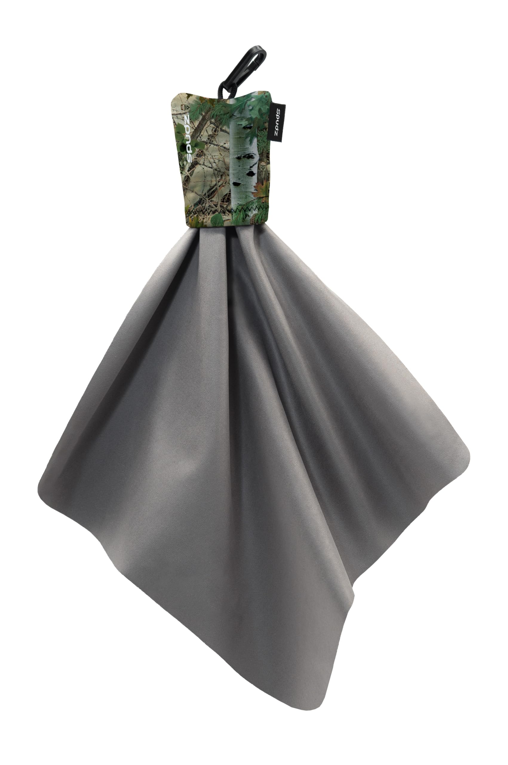 SPUDZ Classic microfiber lens cleaner in clip-on neoprene pouch with Alpine Mountain Camo